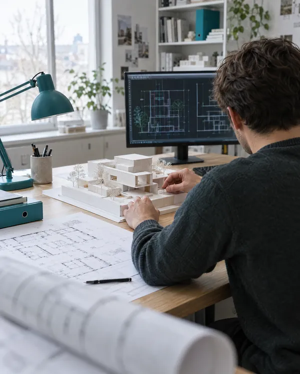 Architekt am Modell im eigenen Büro
