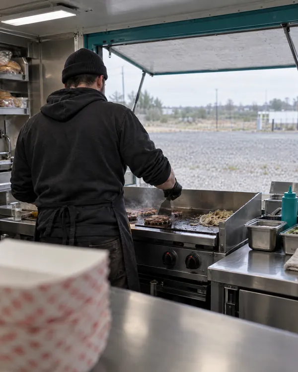 Food-Truck-Betreiber an der Grillplatte