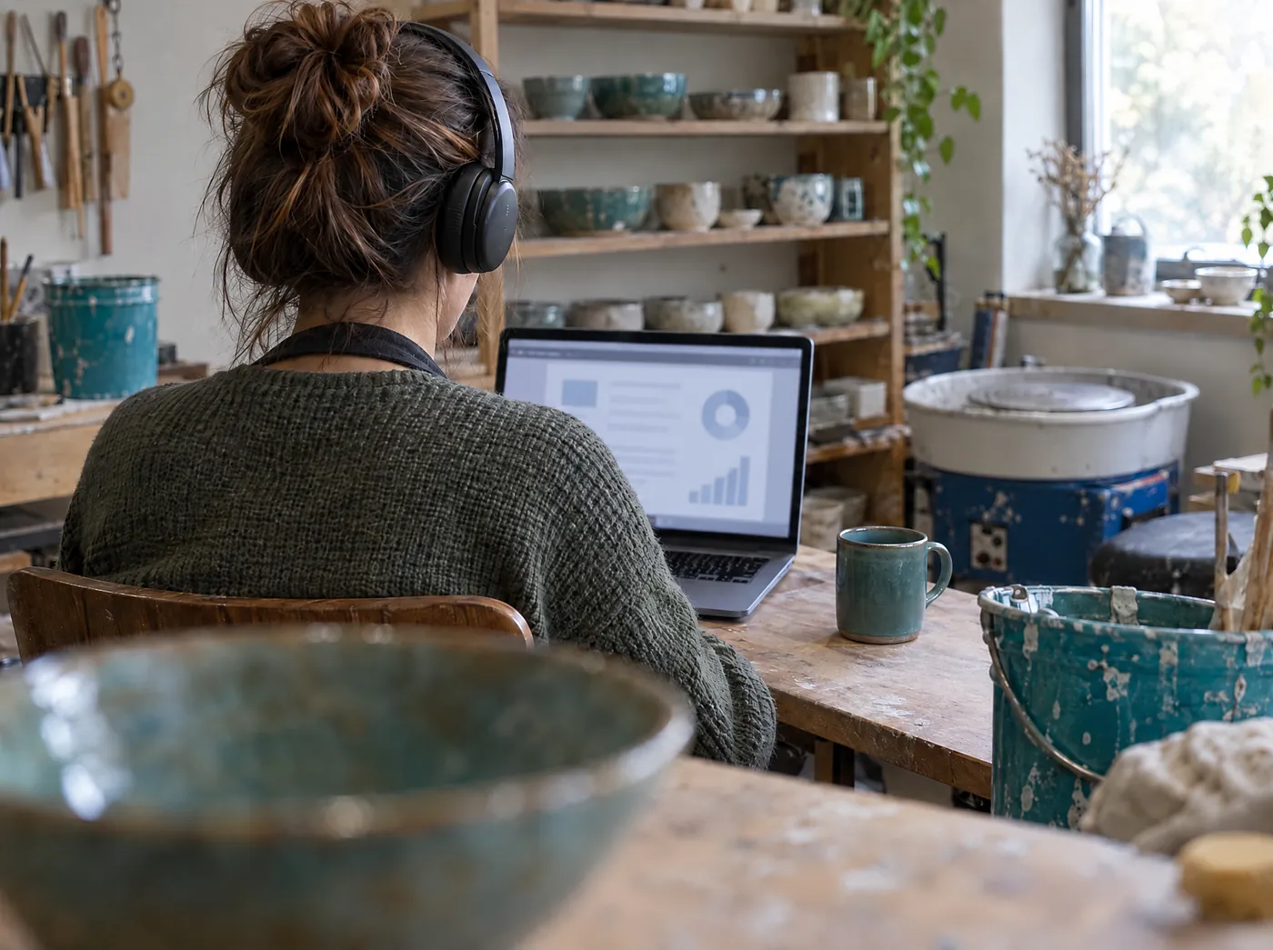 Gründerin in ihrer Keramikwerkstatt beim Online-Termin Gründerin in ihrer Keramikwerkstatt beim Online-Termin